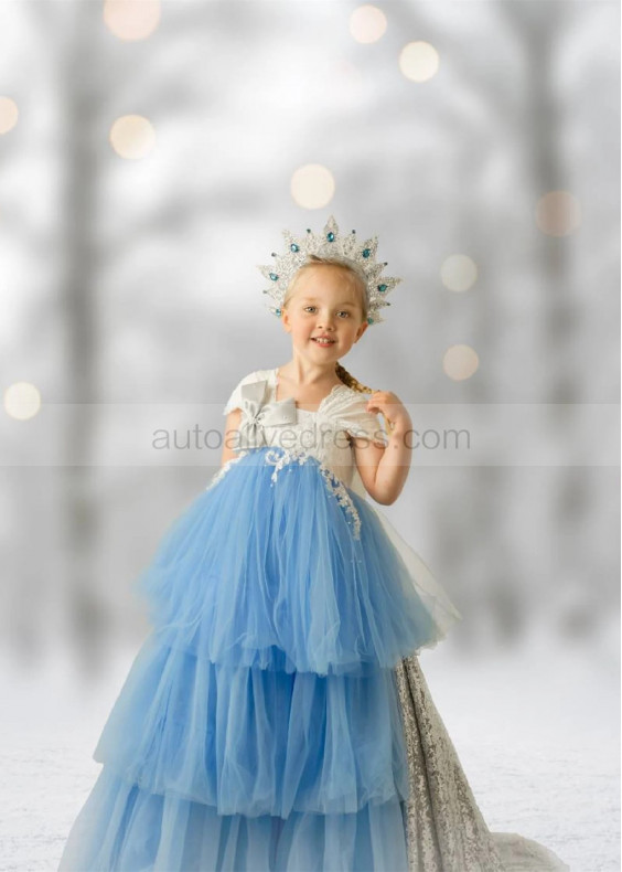 Beaded Lace Tulle Tiered Flower Girl Dress With Removable Train